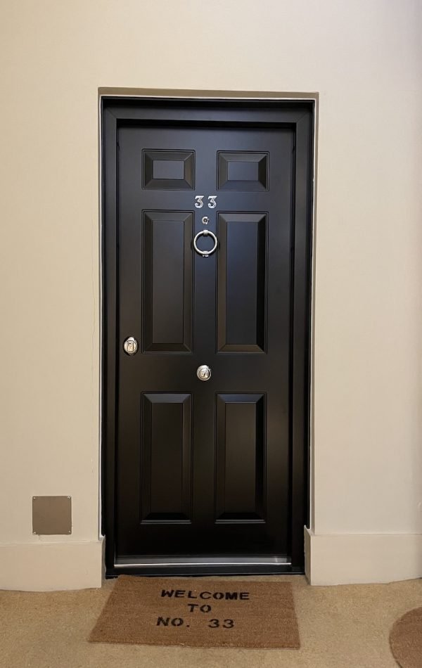 Security front steel door in matt black, Chelsea.