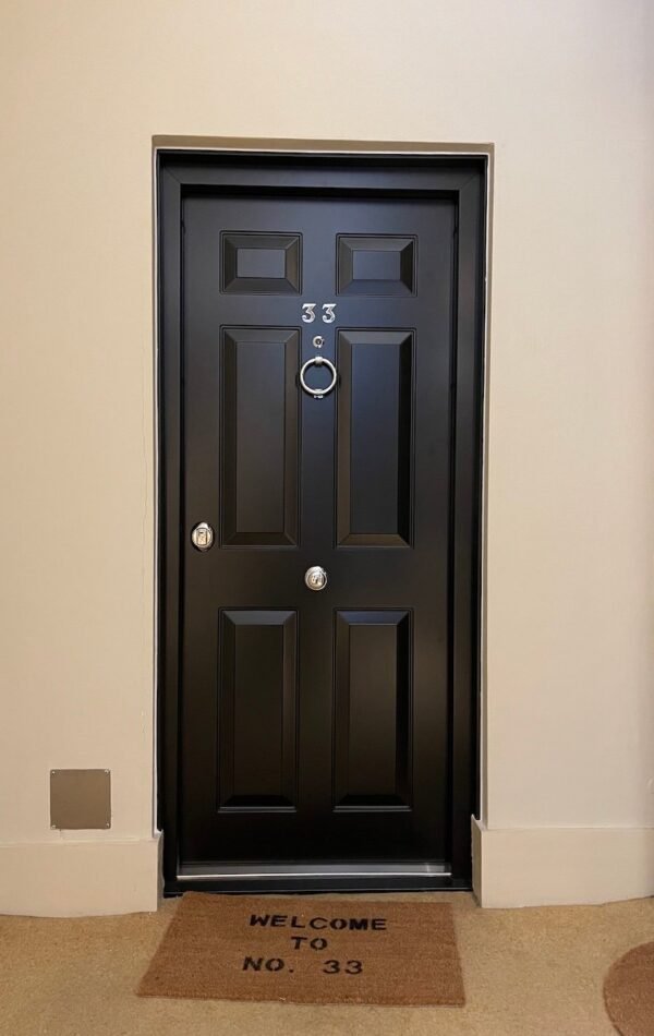 Security front steel door in matt black, Chelsea.