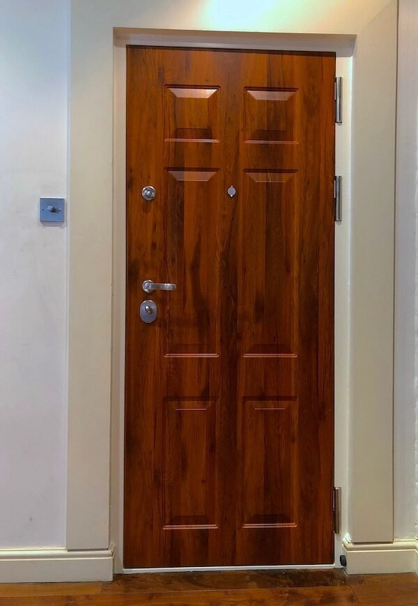 Wood grain effect security door.